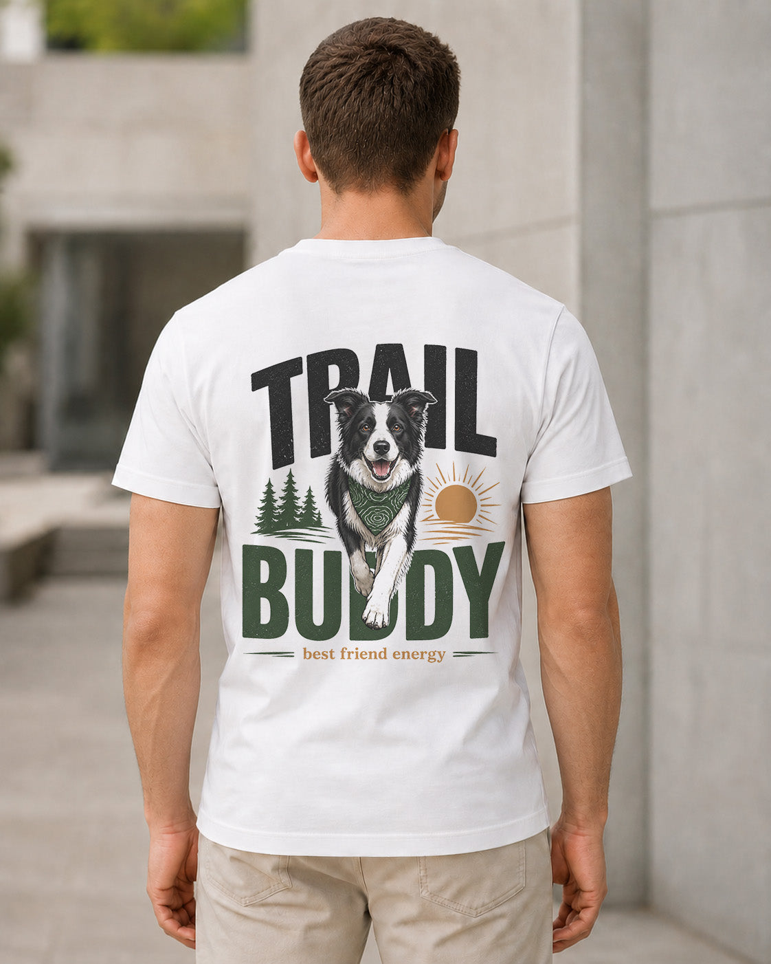 Trail Buddy Border Collie T-Shirt – Bio-Baumwolle Shirt Weiss, Rückenprint