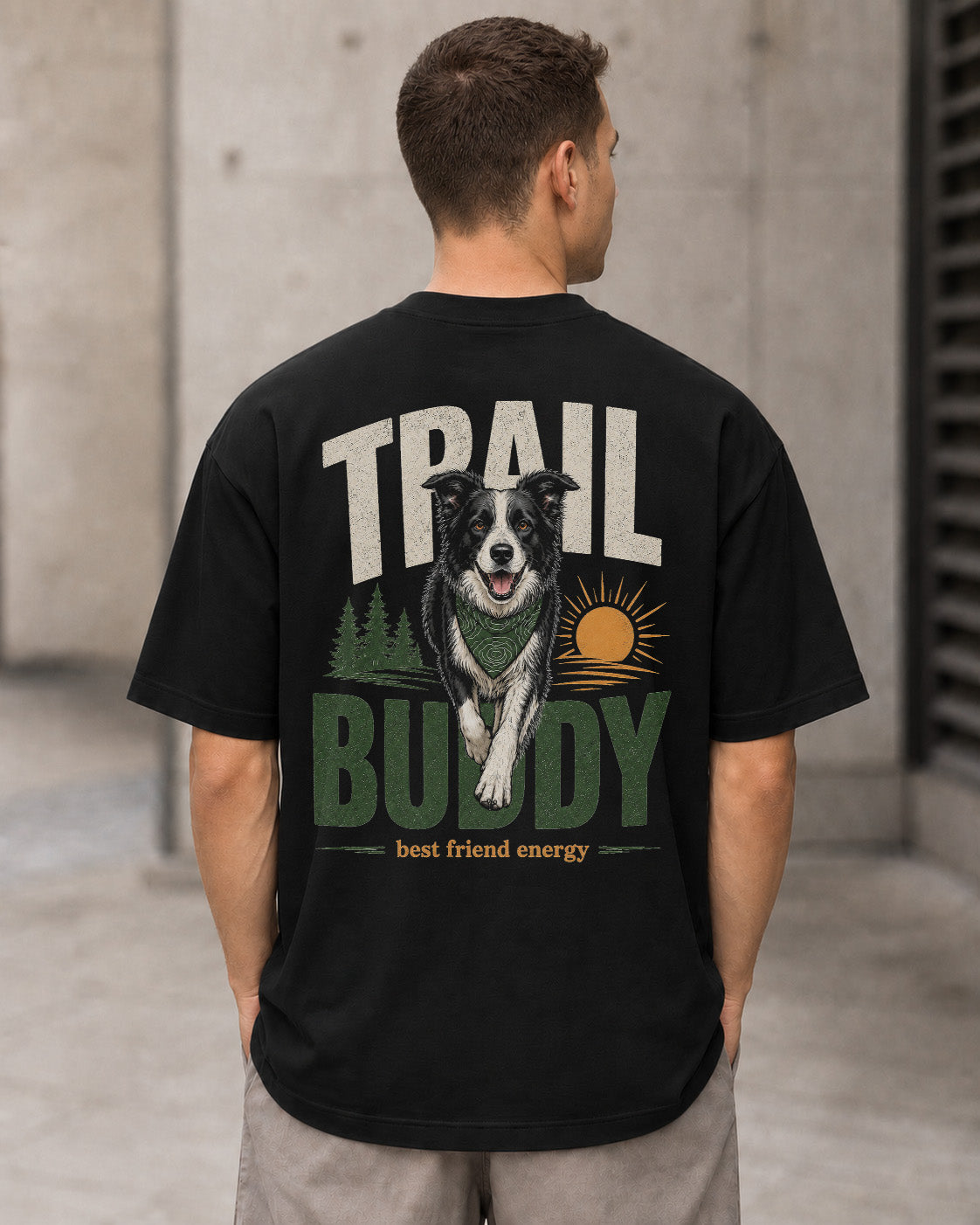Trail Buddy Border Collie T-Shirt – Heavyweight Oversize Shirt Schwarz, Rückenprint
