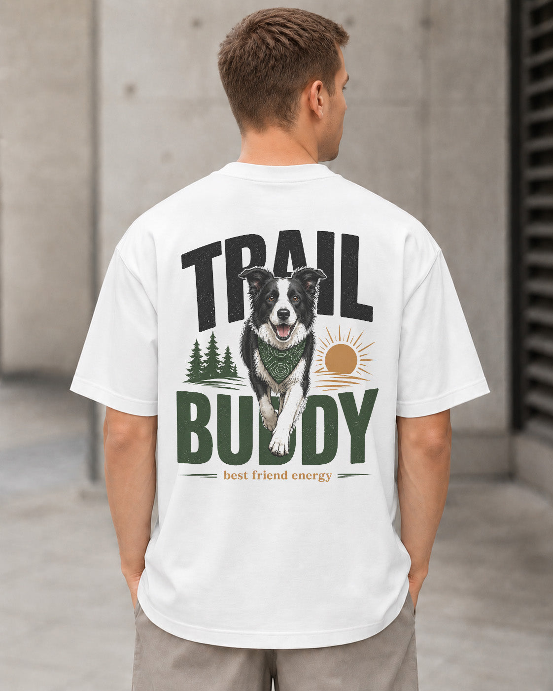 Trail Buddy Border Collie T-Shirt – Heavyweight Oversize Shirt Weiss, Rückenprint