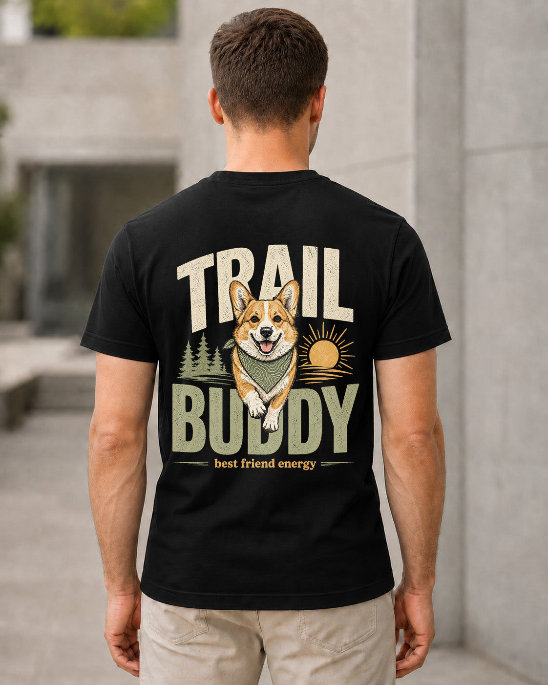 Trail Buddy Corgi T-Shirt – Bio-Baumwolle Shirt Schwarz, Rückenprint