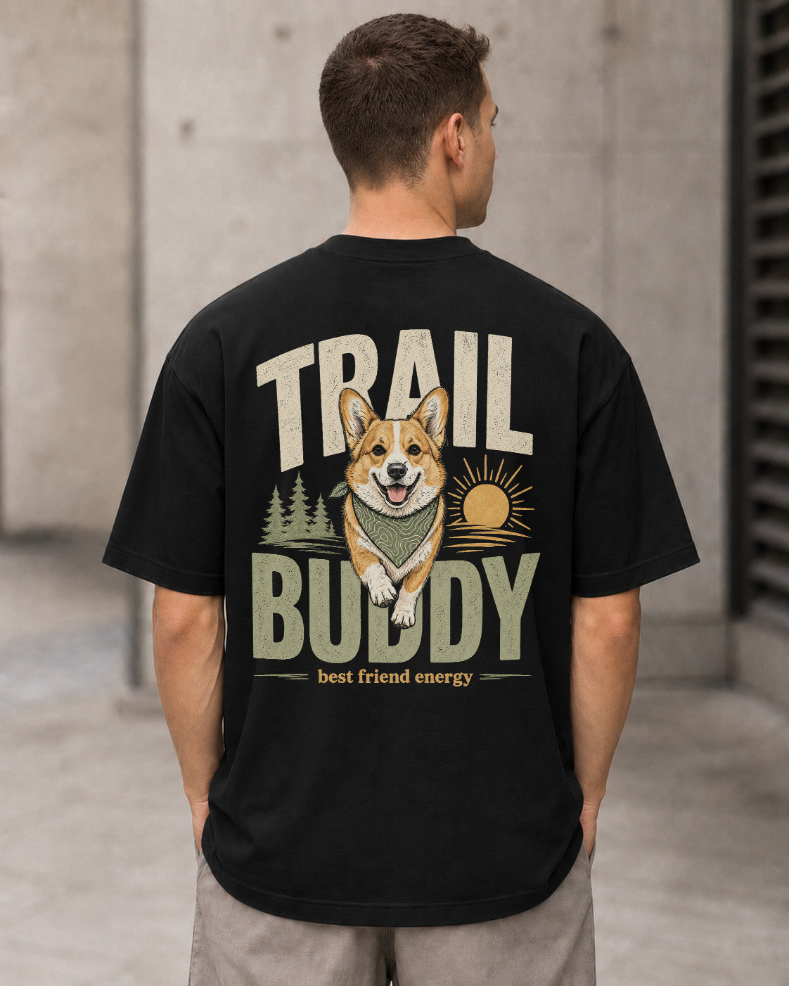 Trail Buddy Corgi T-Shirt – Heavyweight Oversize Shirt Schwarz, Rückenprint