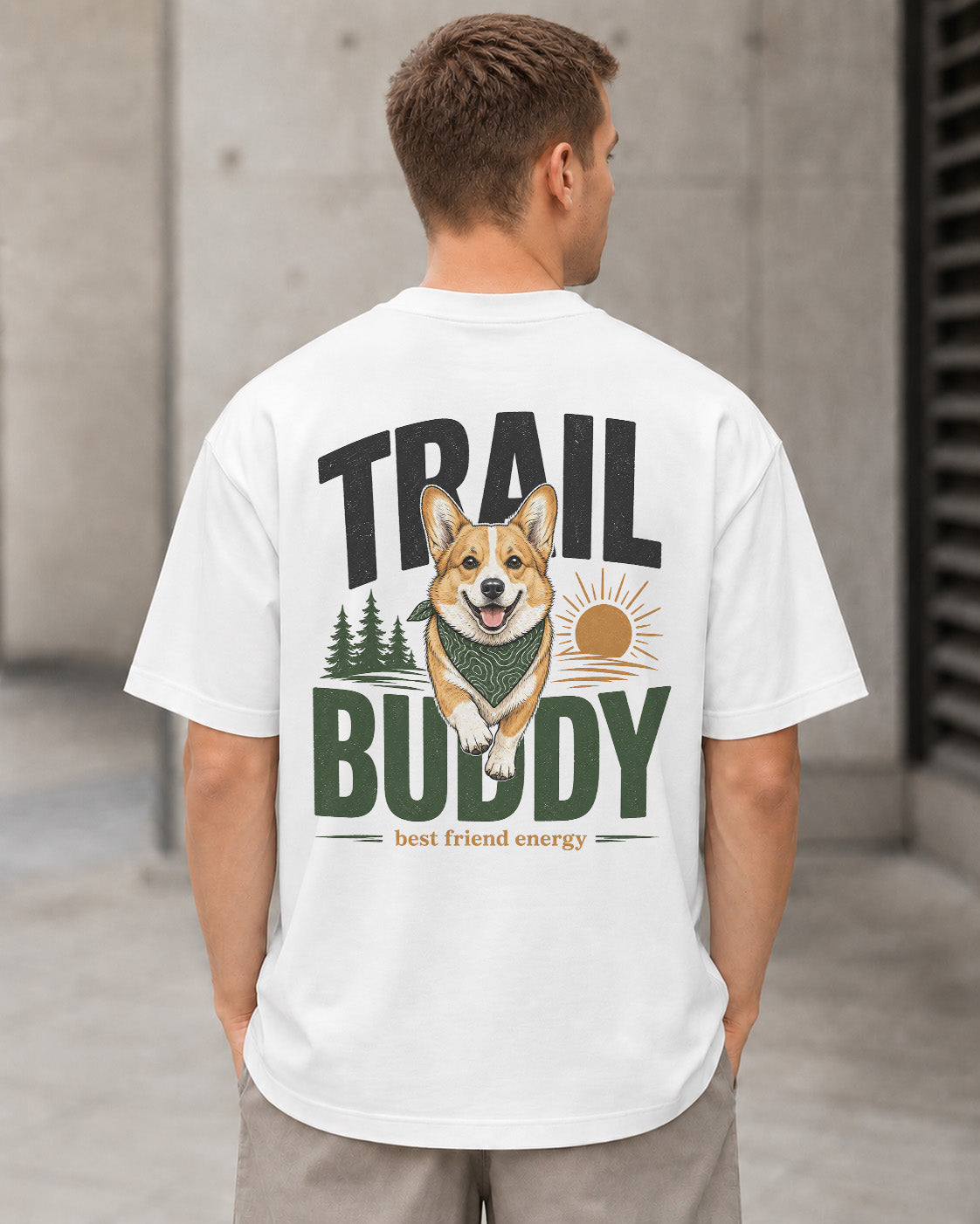 Trail Buddy Corgi T-Shirt – Heavyweight Oversize Shirt Weiss, Rückenprint