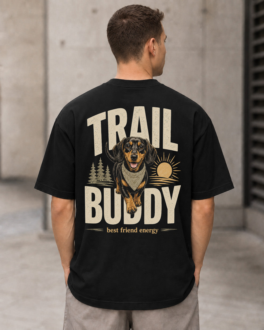 Trail Buddy Dackel T-Shirt – Heavyweight Oversize Shirt Schwarz, Rückenprint