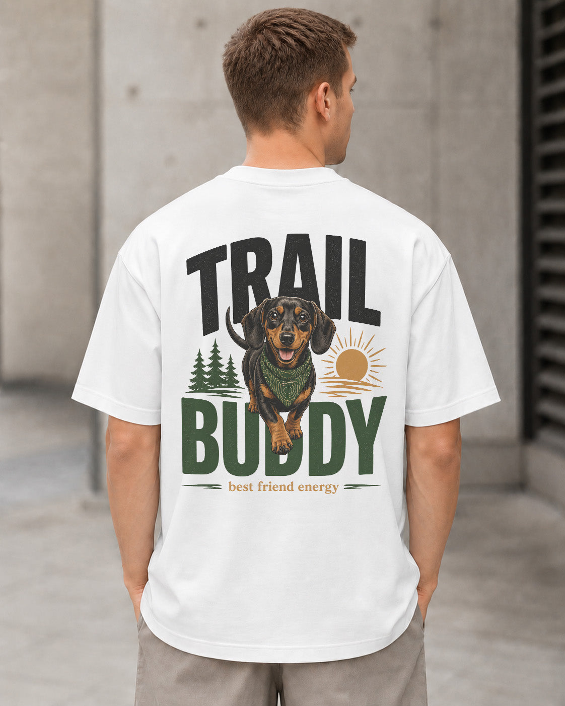 Trail Buddy Dackel T-Shirt – Heavyweight Oversize Shirt Weiss, Rückenprint