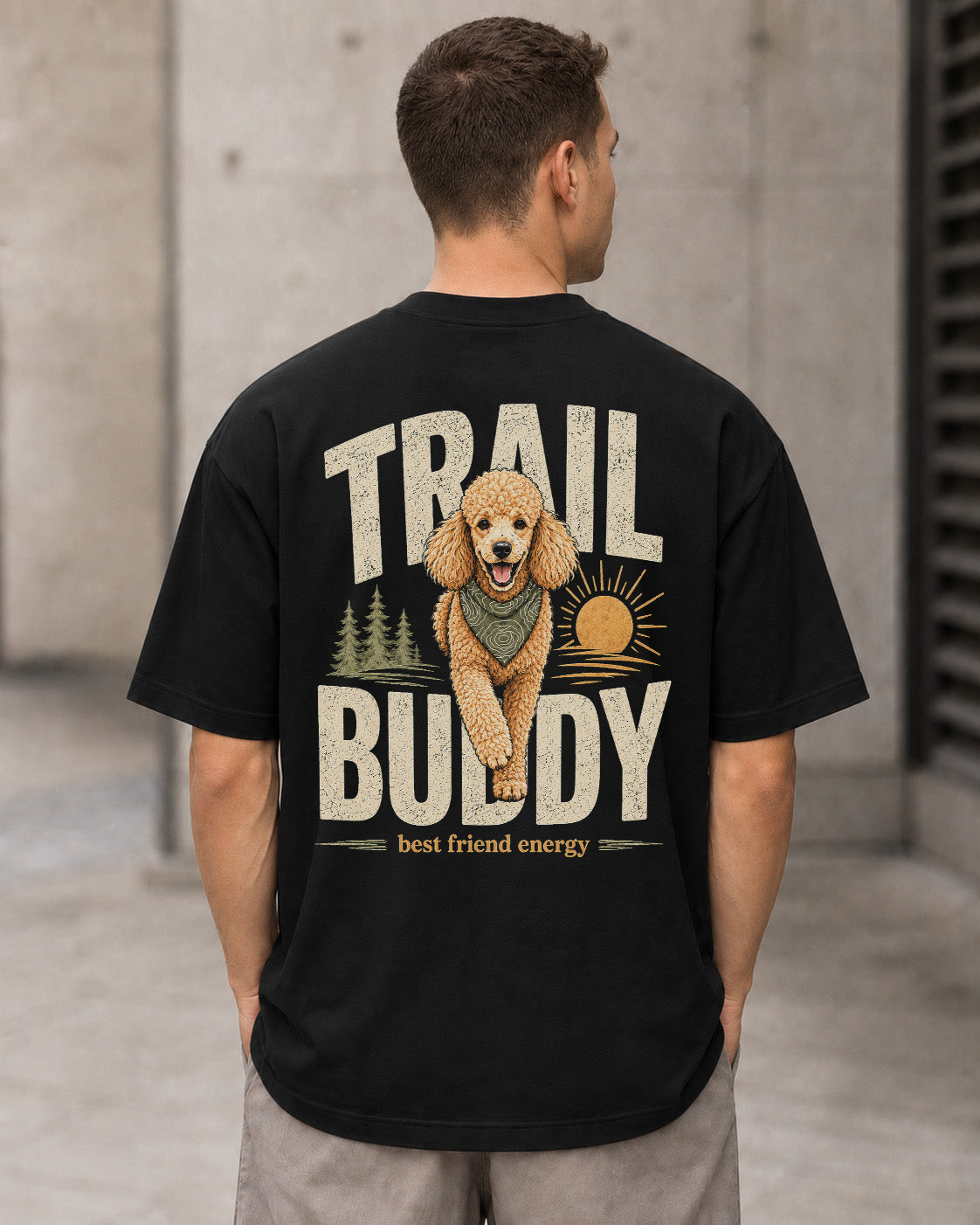 Trail Buddy Doodle T-Shirt – Heavyweight Oversize Shirt Schwarz, Rückenprint