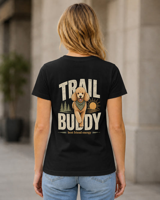 Trail Buddy Doodle T-Shirt – Frauen Shirt Schwarz, Rückenprint