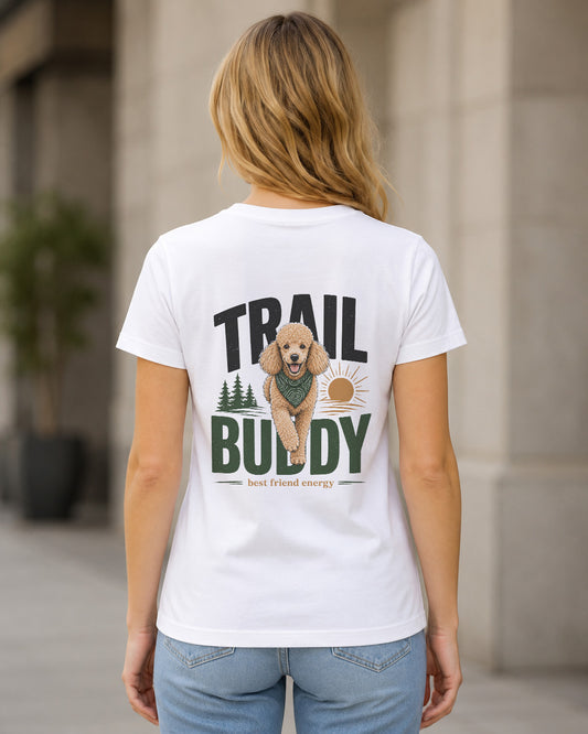 Trail Buddy Doodle T-Shirt – Frauen Shirt Weiss, Rückenprint