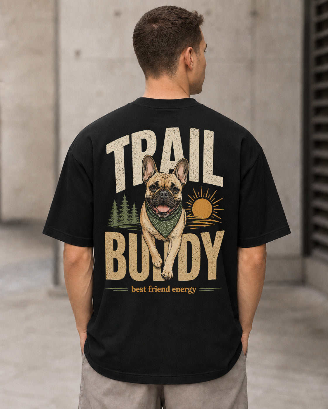 Trail Buddy Frenchie T-Shirt – Heavyweight Oversize Shirt Schwarz, Rückenprint