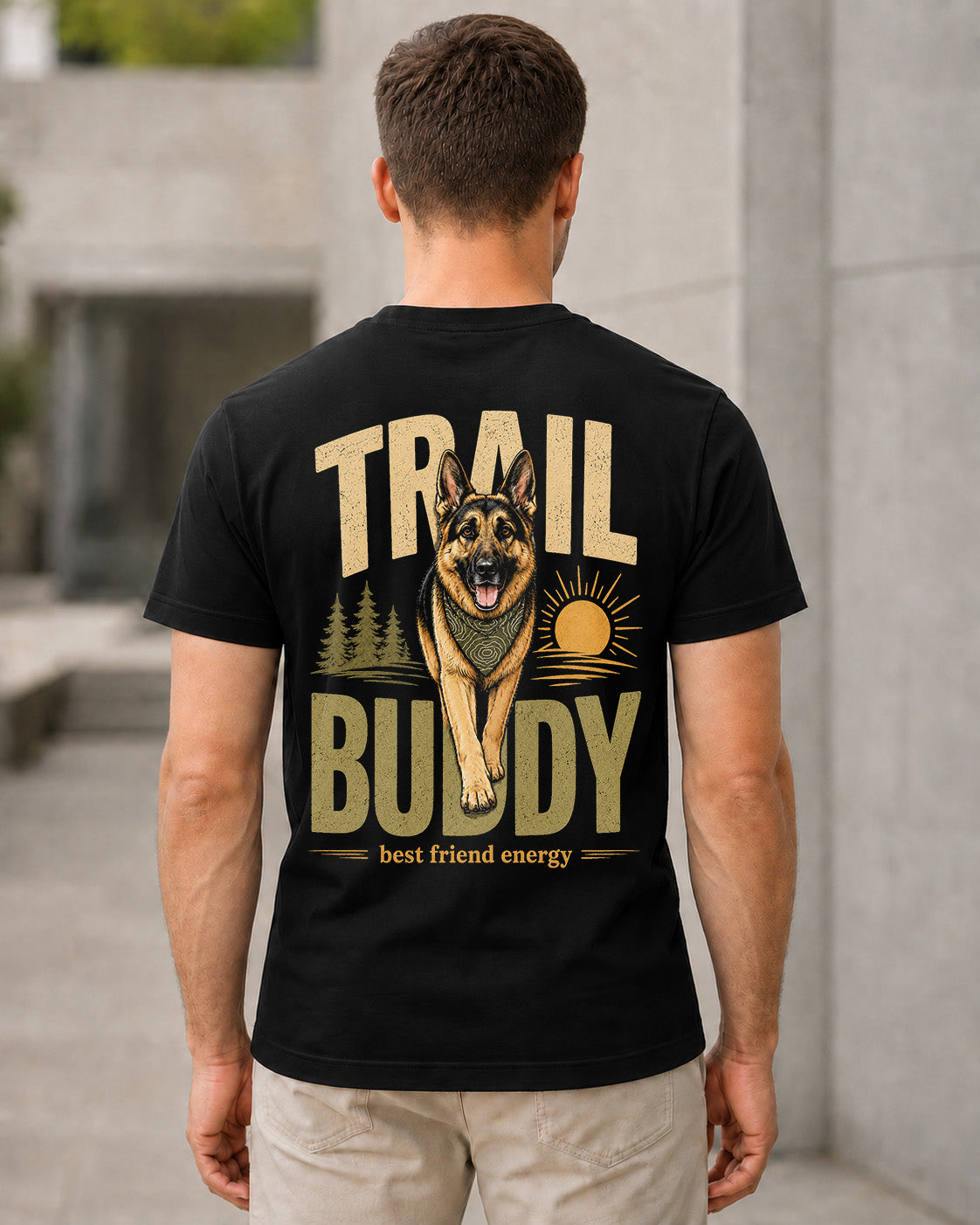 Trail Buddy German Shepherd T-Shirt – Bio-Baumwolle Shirt Schwarz, Rückenprint