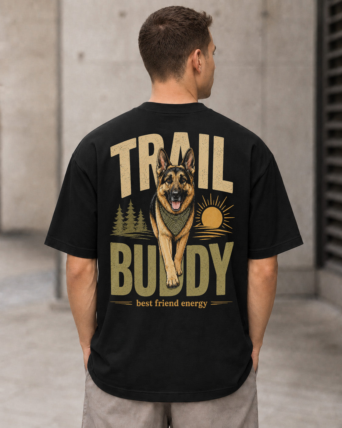 Trail Buddy German Shepherd T-Shirt – Heavyweight Oversize Shirt Schwarz, Rückenprint