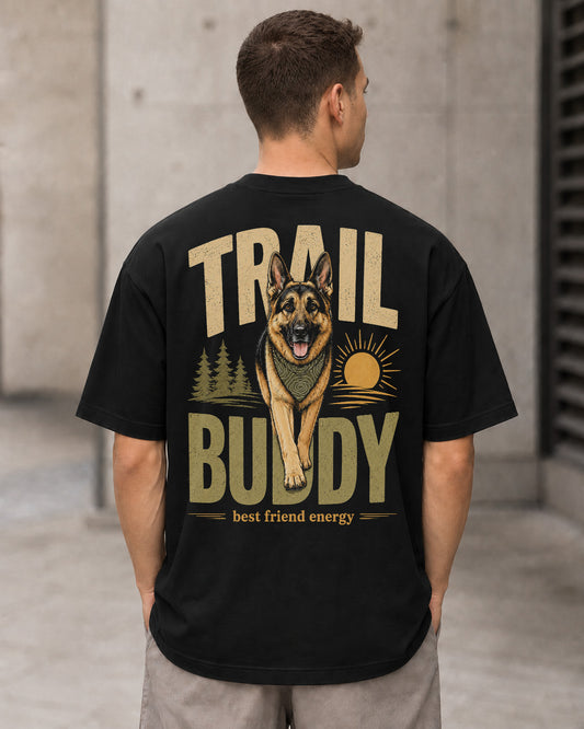 Trail Buddy German Shepherd T-Shirt – Heavyweight Oversize Shirt Schwarz, Rückenprint