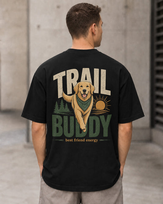 Trail Buddy Golden T-Shirt – Heavyweight Oversize Shirt Schwarz, Rückenprint