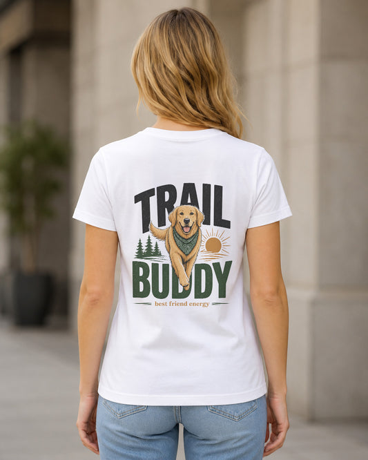 Trail Buddy Golden T-Shirt – Frauen Shirt Weiss, Rückenprint