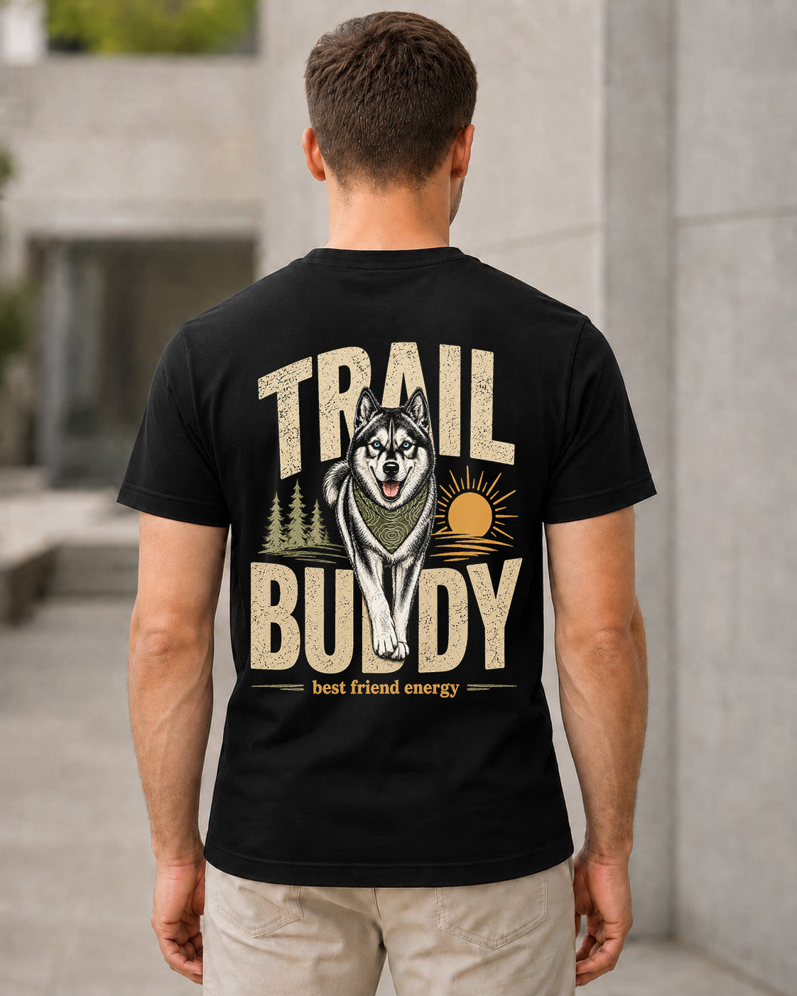 Trail Buddy Husky T-Shirt – Bio-Baumwolle Shirt Schwarz, Rückenprint