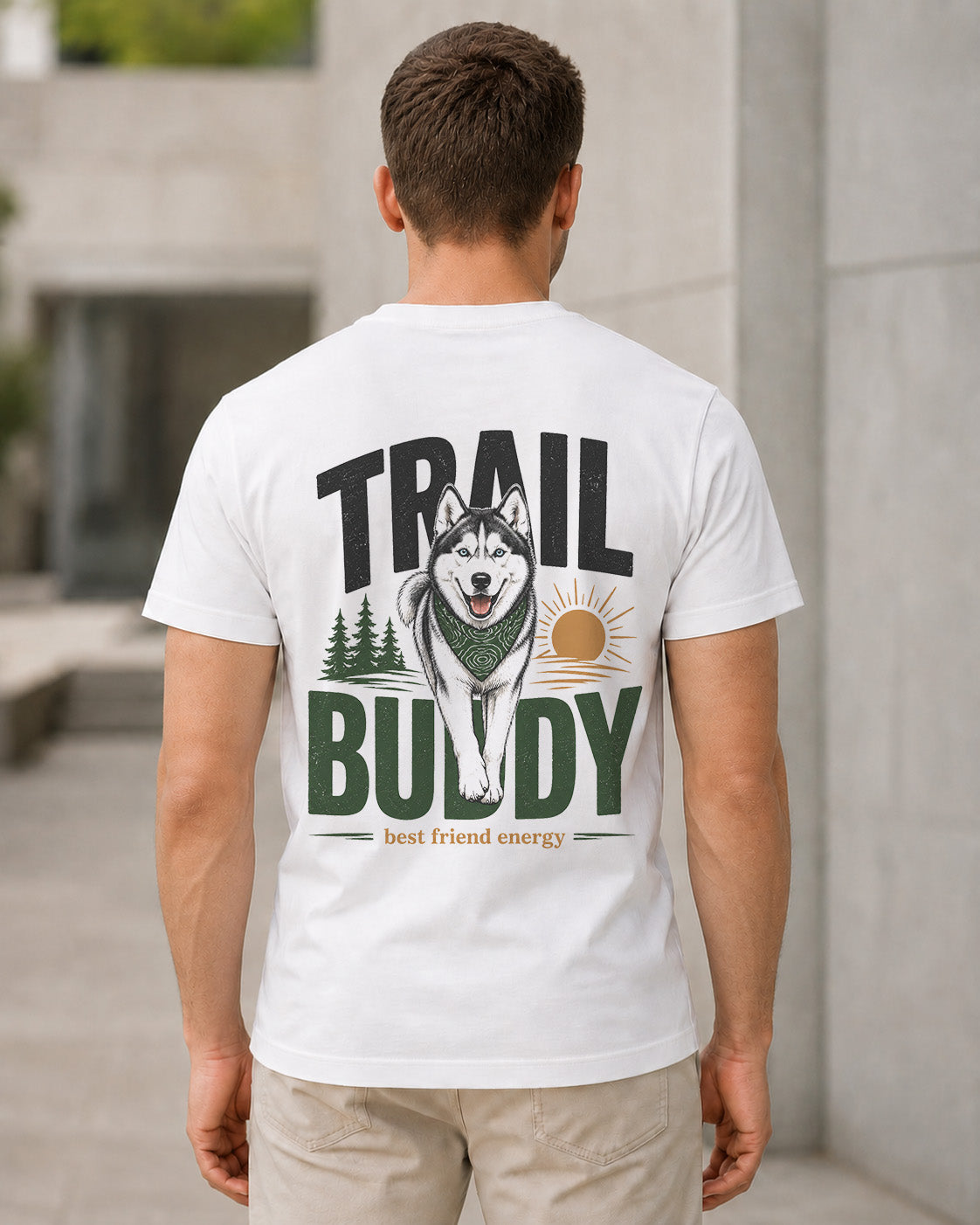 Trail Buddy Husky T-Shirt – Bio-Baumwolle Shirt Weiss, Rückenprint