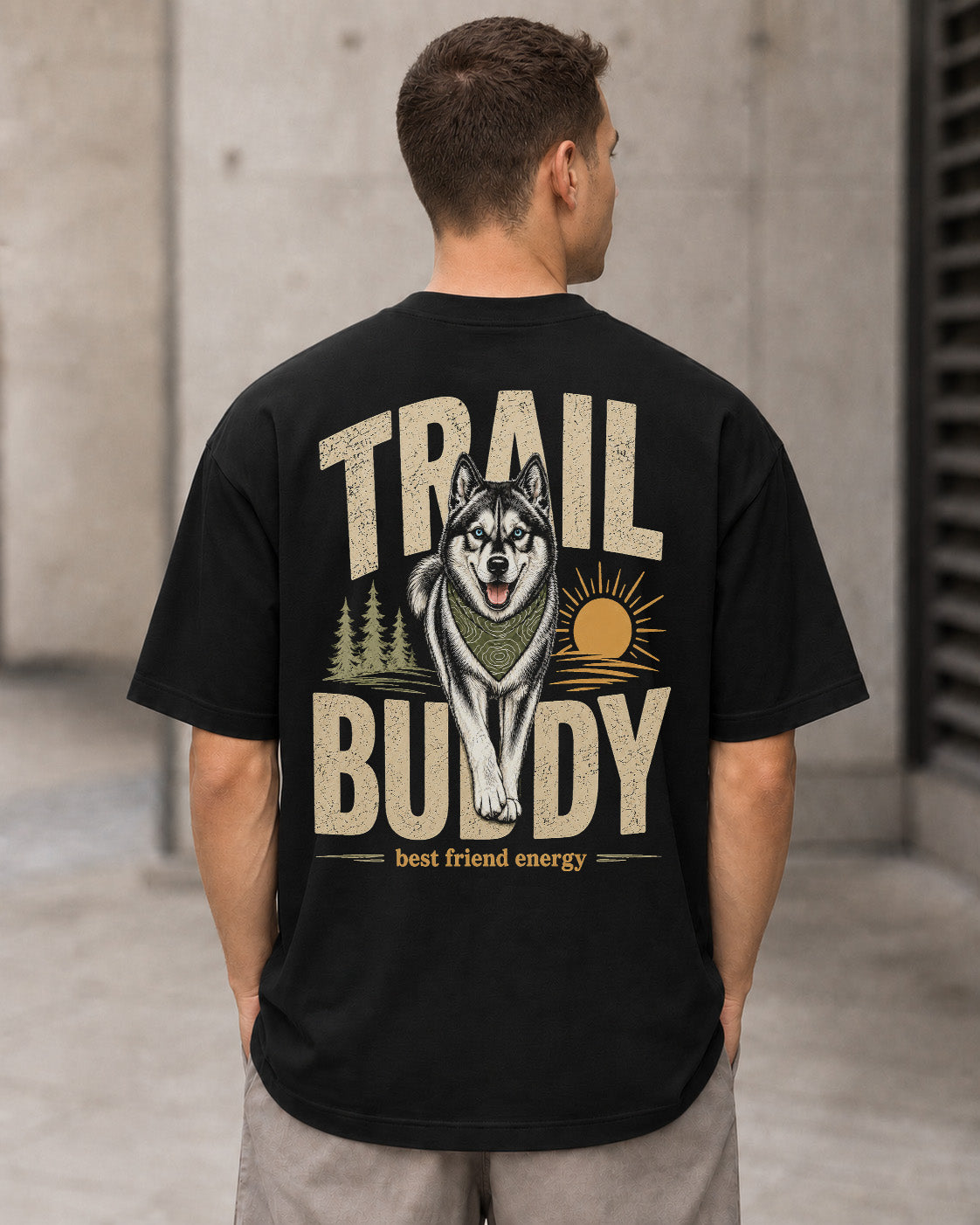 Trail Buddy Husky T-Shirt – Heavyweight Oversize Shirt Schwarz, Rückenprint