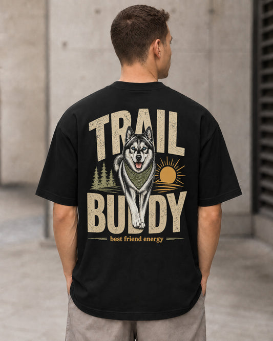 Trail Buddy Husky T-Shirt – Heavyweight Oversize Shirt Schwarz, Rückenprint