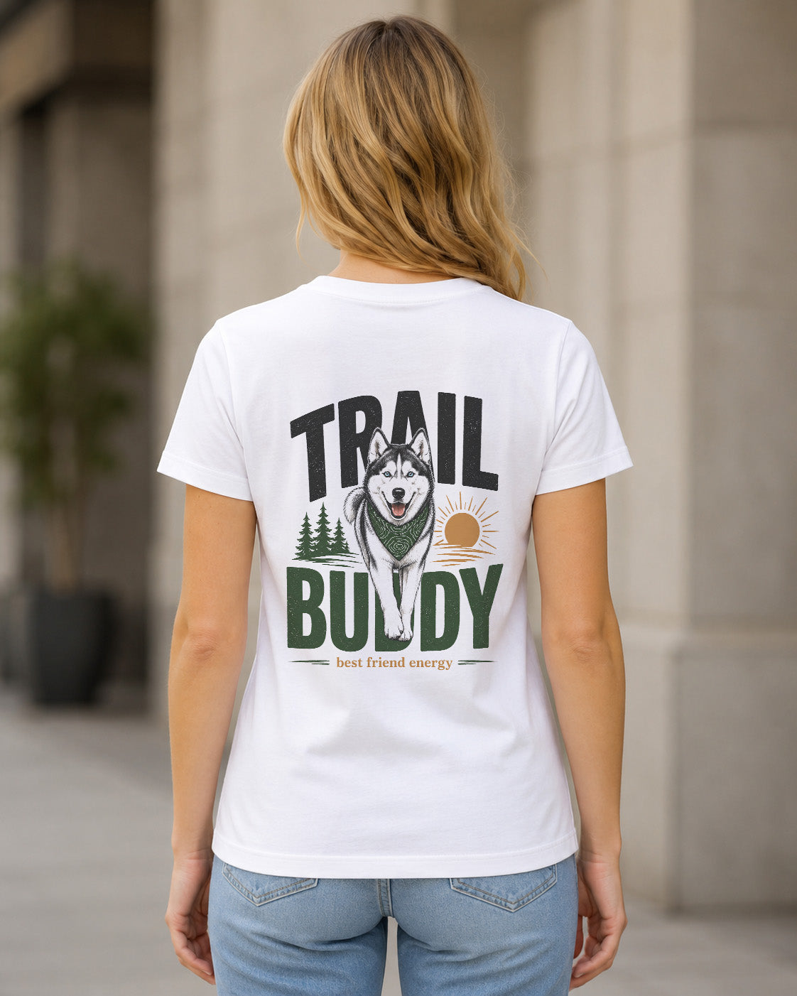 Trail Buddy Husky T-Shirt – Frauen Shirt Weiss, Rückenprint
