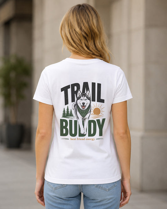 Trail Buddy Husky T-Shirt – Frauen Shirt Weiss, Rückenprint