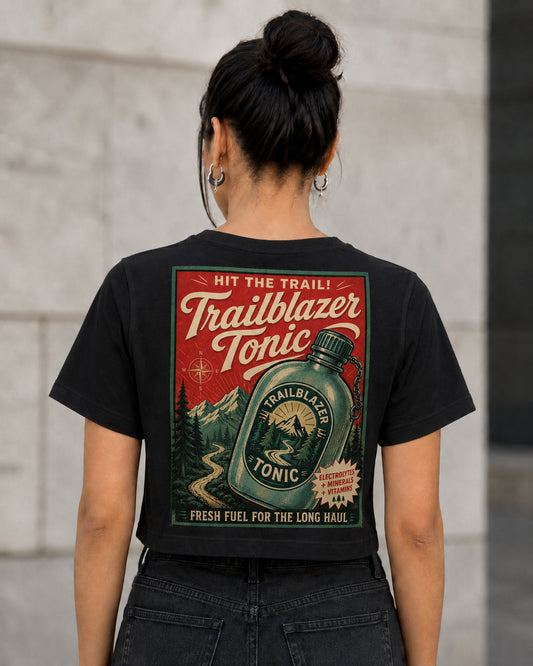 Trailblazer Tonic T-Shirt – Frauen Crop Shirt Schwarz, Rückenprint