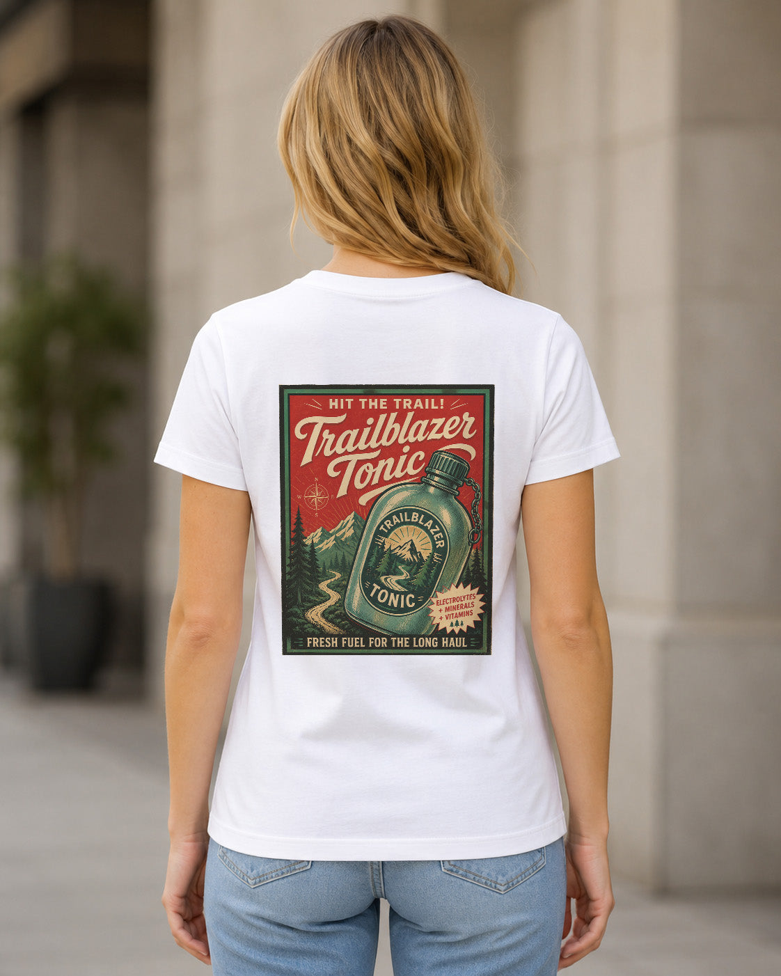 Trailblazer Tonic T-Shirt – Frauen Shirt Weiss, Rückenprint