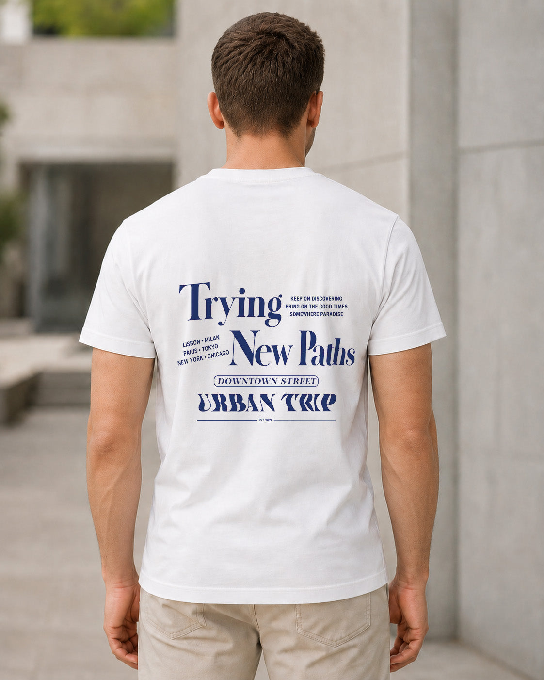 Trying New Paths T-Shirt – Bio-Baumwolle Shirt Weiss, Rückenprint