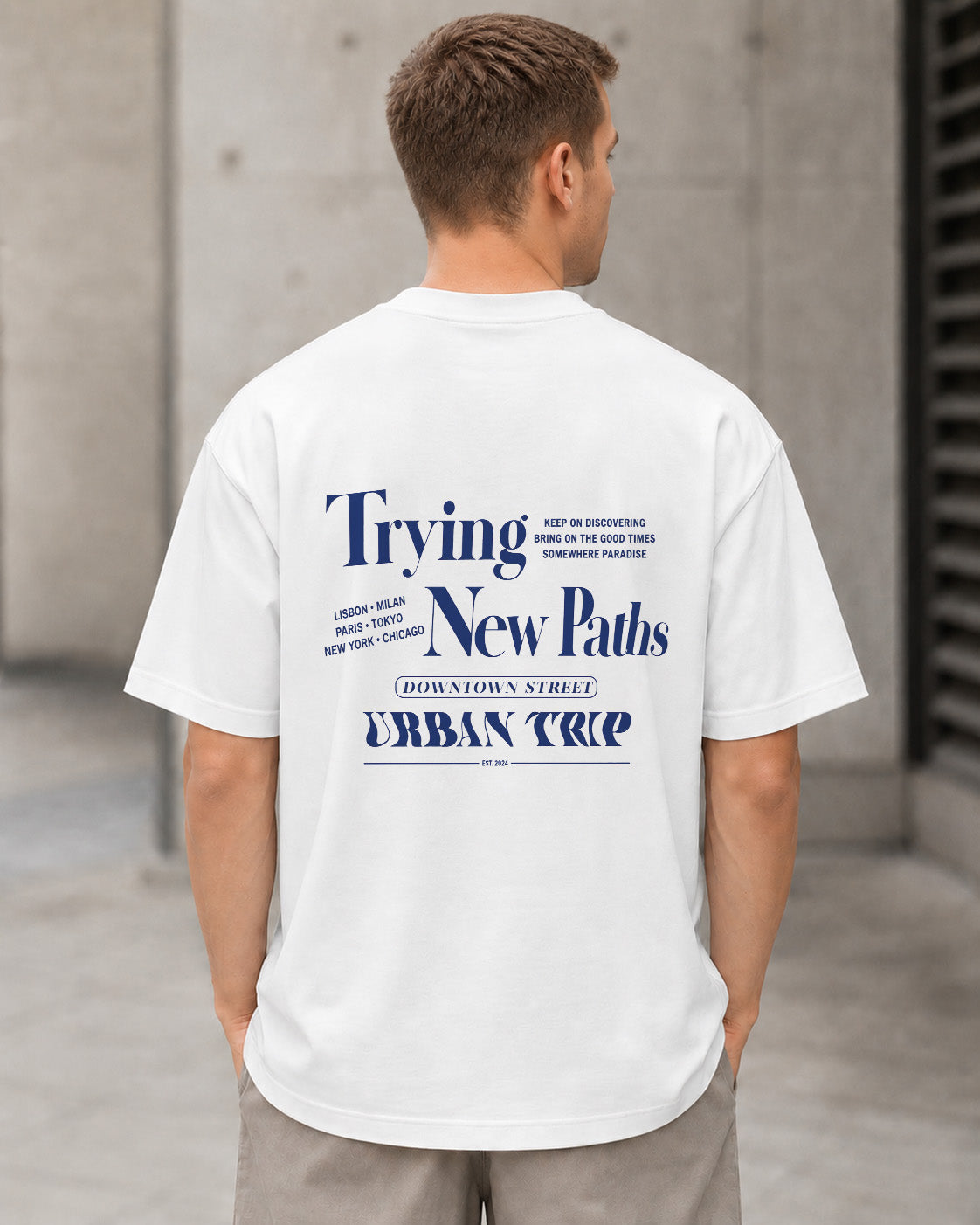 Trying New Paths T-Shirt – Heavyweight Oversize Shirt Weiss, Rückenprint
