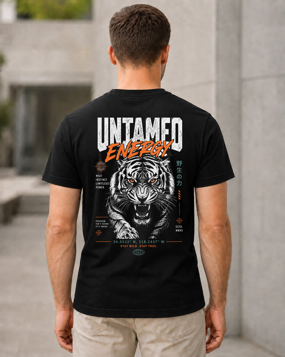 Untamed Energy T-Shirt – Bio-Baumwolle Shirt Schwarz, Rückenprint