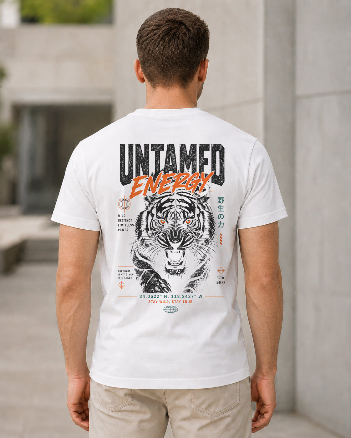 Untamed Energy T-Shirt – Bio-Baumwolle Shirt Weiss, Rückenprint