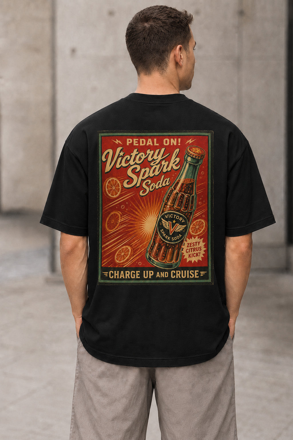 Victory Spark Soda T-Shirt – Heavyweight Oversize Shirt Schwarz, Rückenprint