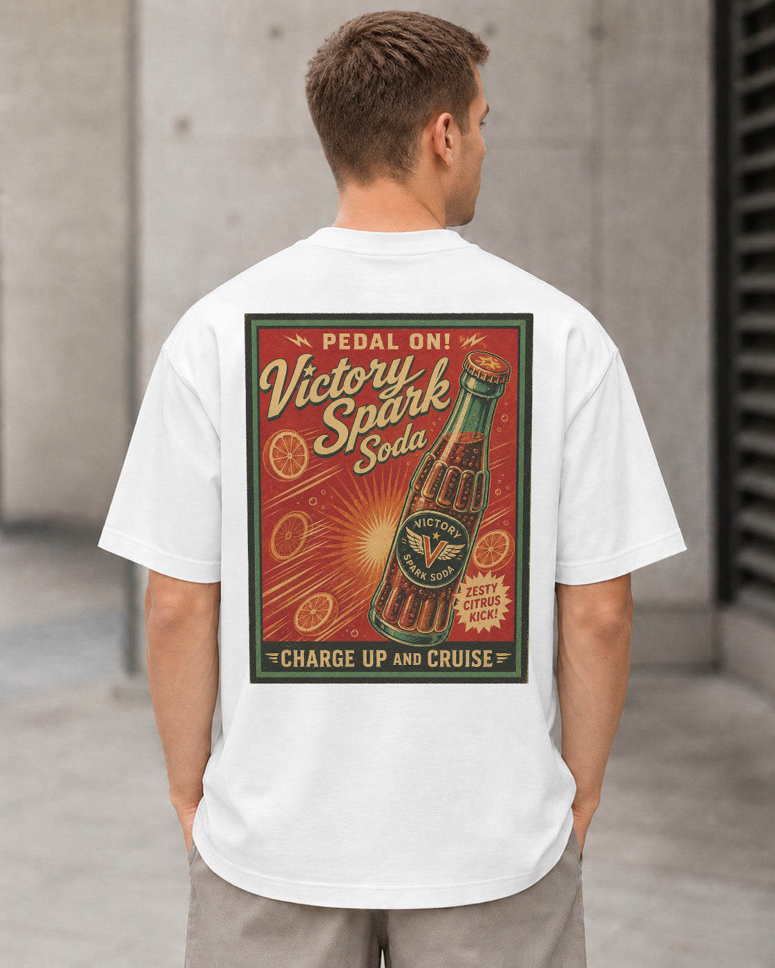 Victory Spark Soda T-Shirt – Heavyweight Oversize Shirt Weiss, Rückenprint