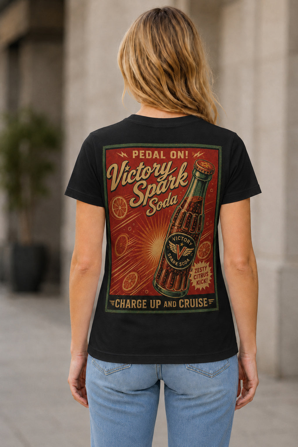 Victory Spark Soda T-Shirt – Frauen Shirt Schwarz, Rückenprint