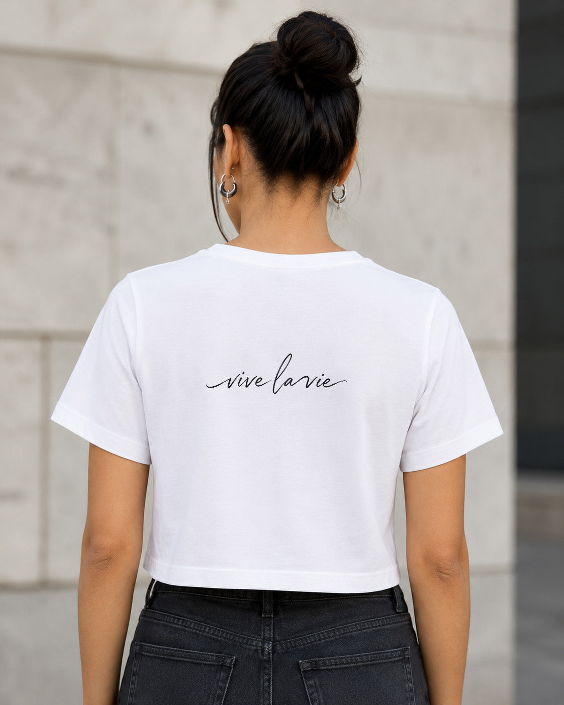 Vive La Vie T-Shirt – Frauen Crop Shirt Weiss, Rückenprint