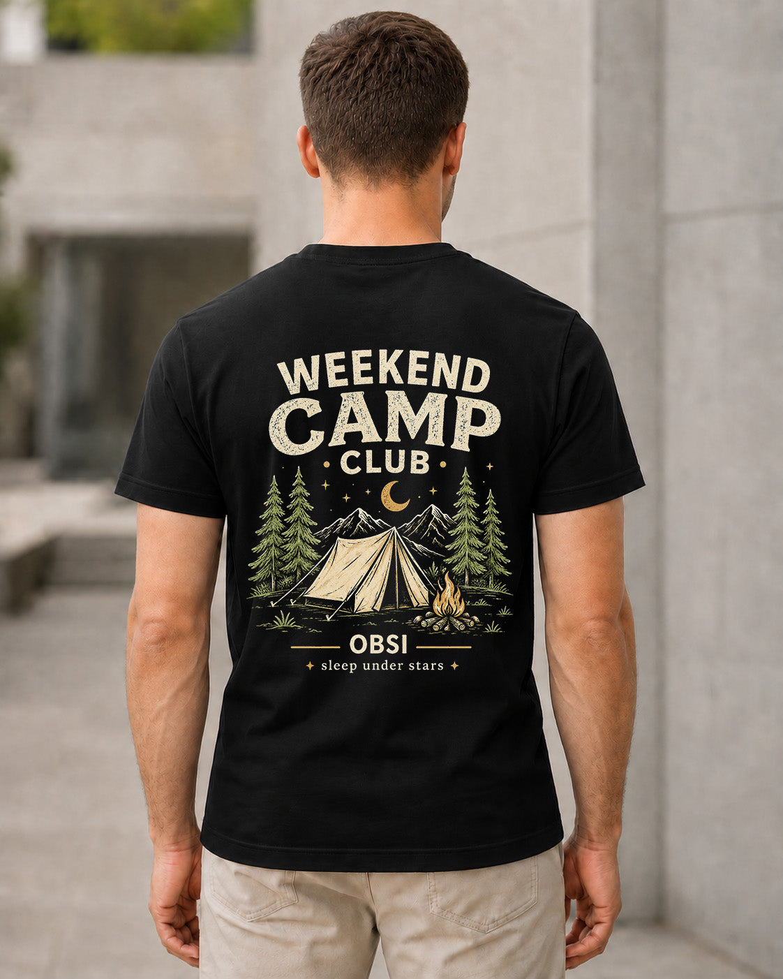Weekend Camp Club T-Shirt – Bio-Baumwolle Shirt Schwarz, Rückenprint