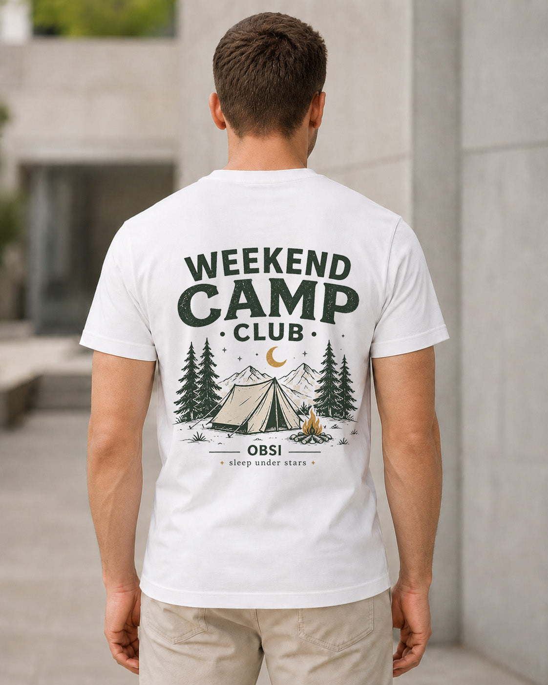 Weekend Camp Club T-Shirt – Bio-Baumwolle Shirt Weiss, Rückenprint