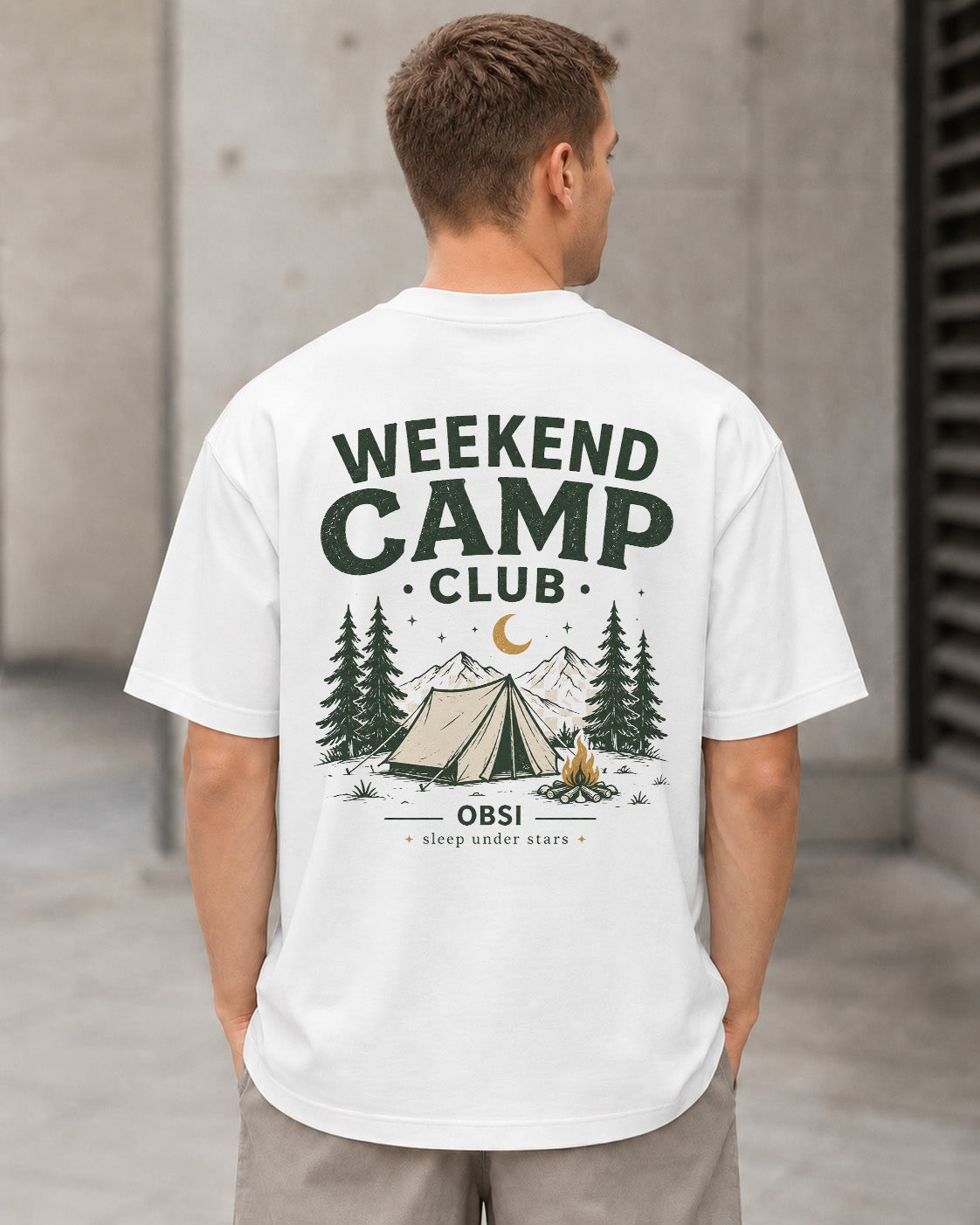 Weekend Camp Club T-Shirt – Heavyweight Oversize Shirt Weiss, Rückenprint
