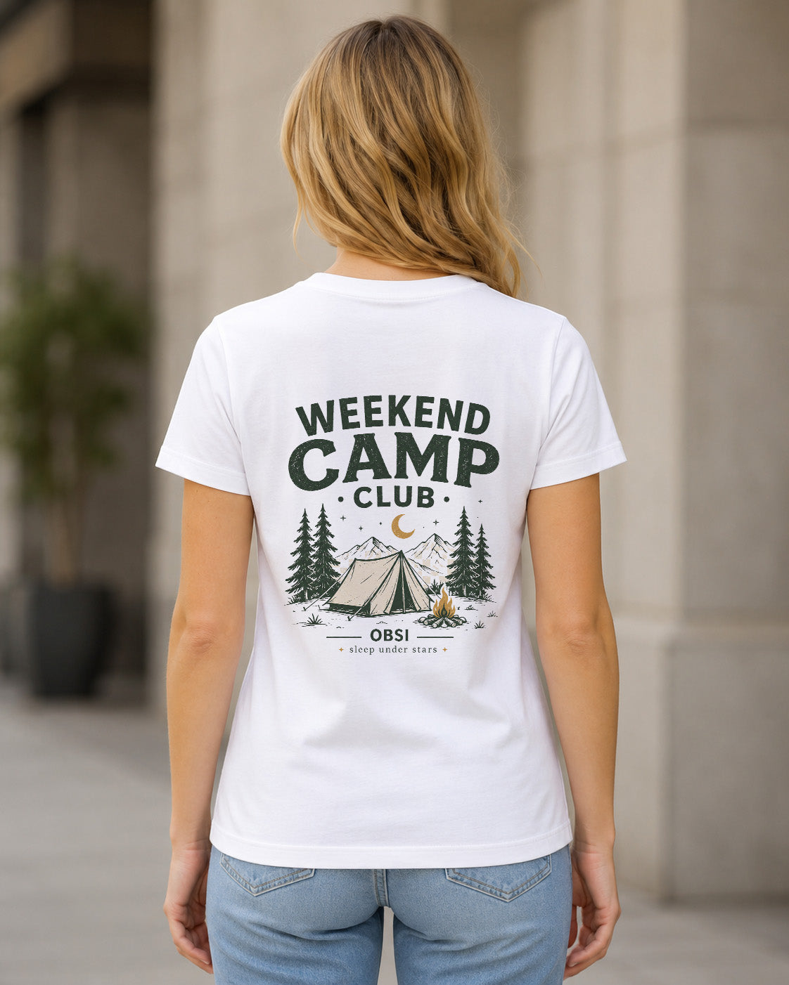 Weekend Camp Club T-Shirt – Frauen Shirt Weiss, Rückenprint
