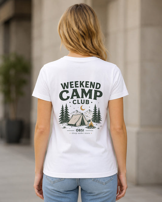 Weekend Camp Club T-Shirt – Frauen Shirt Weiss, Rückenprint