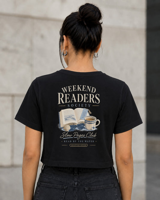 Weekend Readers Society T-Shirt – Frauen Crop Shirt Schwarz, Rückenprint