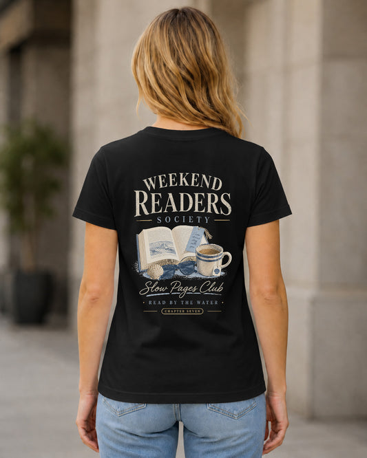 Weekend Readers Society T-Shirt – Frauen Shirt Schwarz, Rückenprint