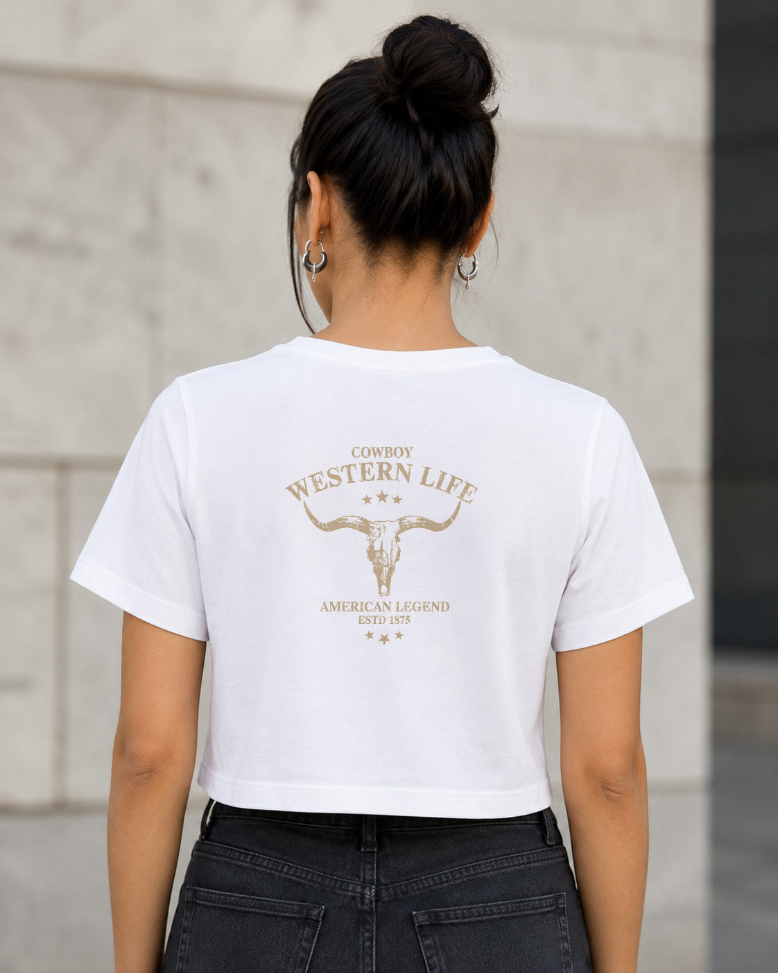 Western Life T-Shirt – Frauen Crop Shirt Weiss, Rückenprint