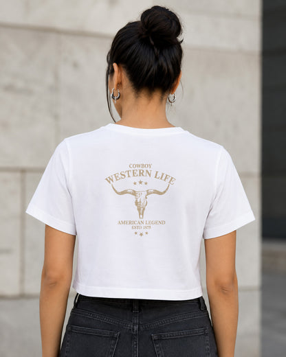 Western Life T-Shirt – Frauen Crop Shirt Weiss, Rückenprint