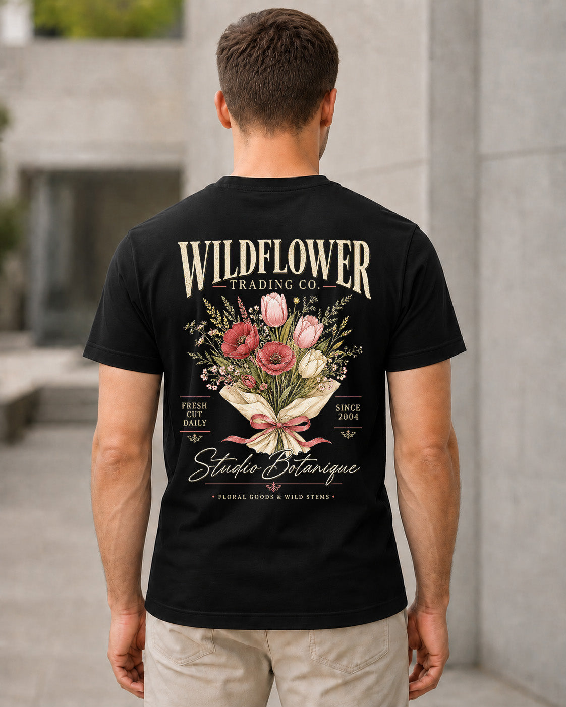 Wildflower Trading Co T-Shirt – Bio-Baumwolle Shirt Schwarz, Rückenprint