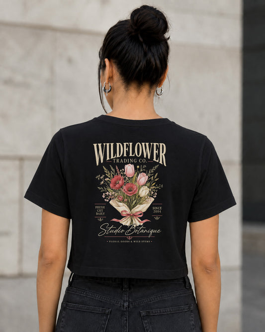 Wildflower Trading Co T-Shirt – Frauen Crop Shirt Schwarz, Rückenprint
