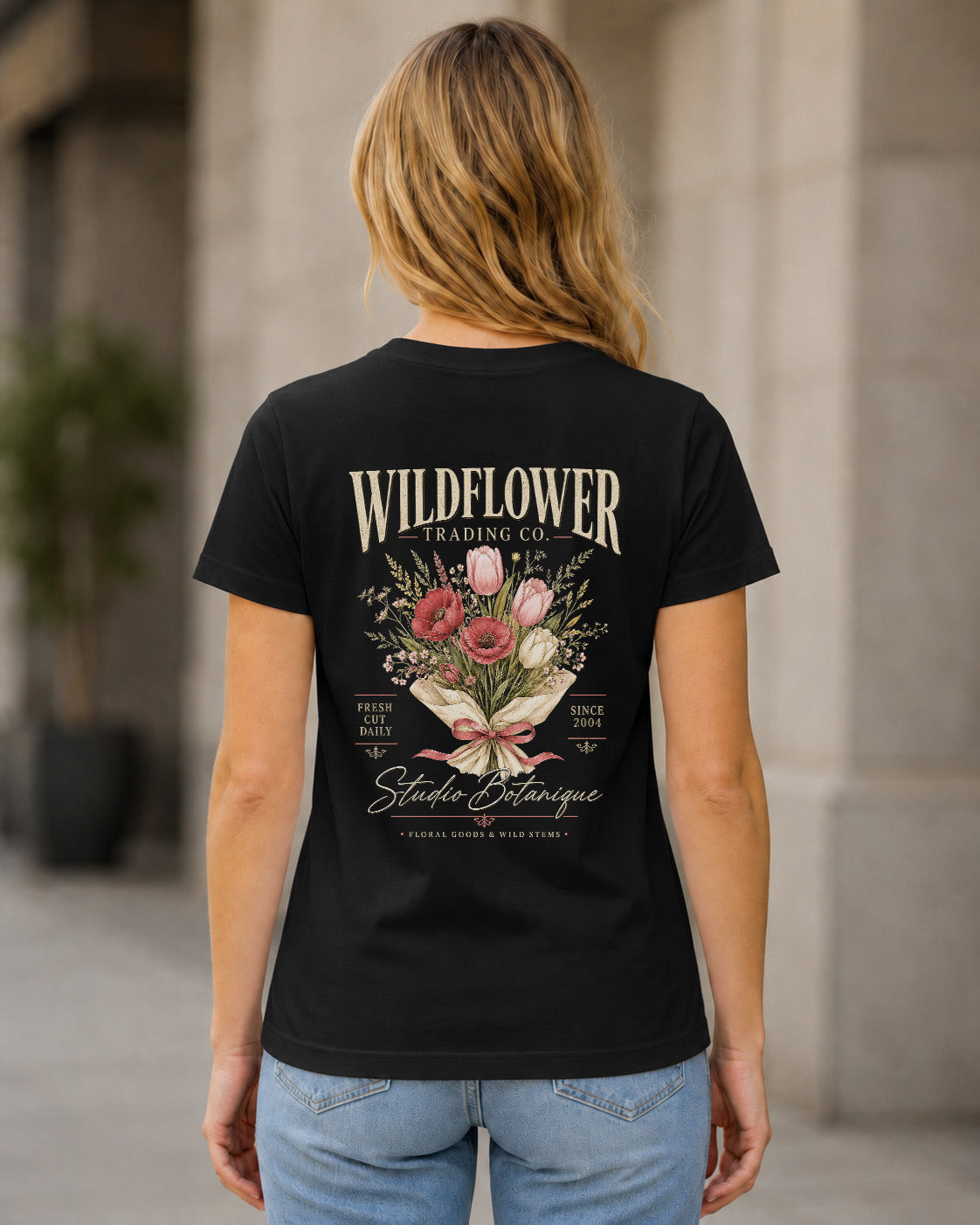 Wildflower Trading Co T-Shirt – Frauen Shirt Schwarz, Rückenprint