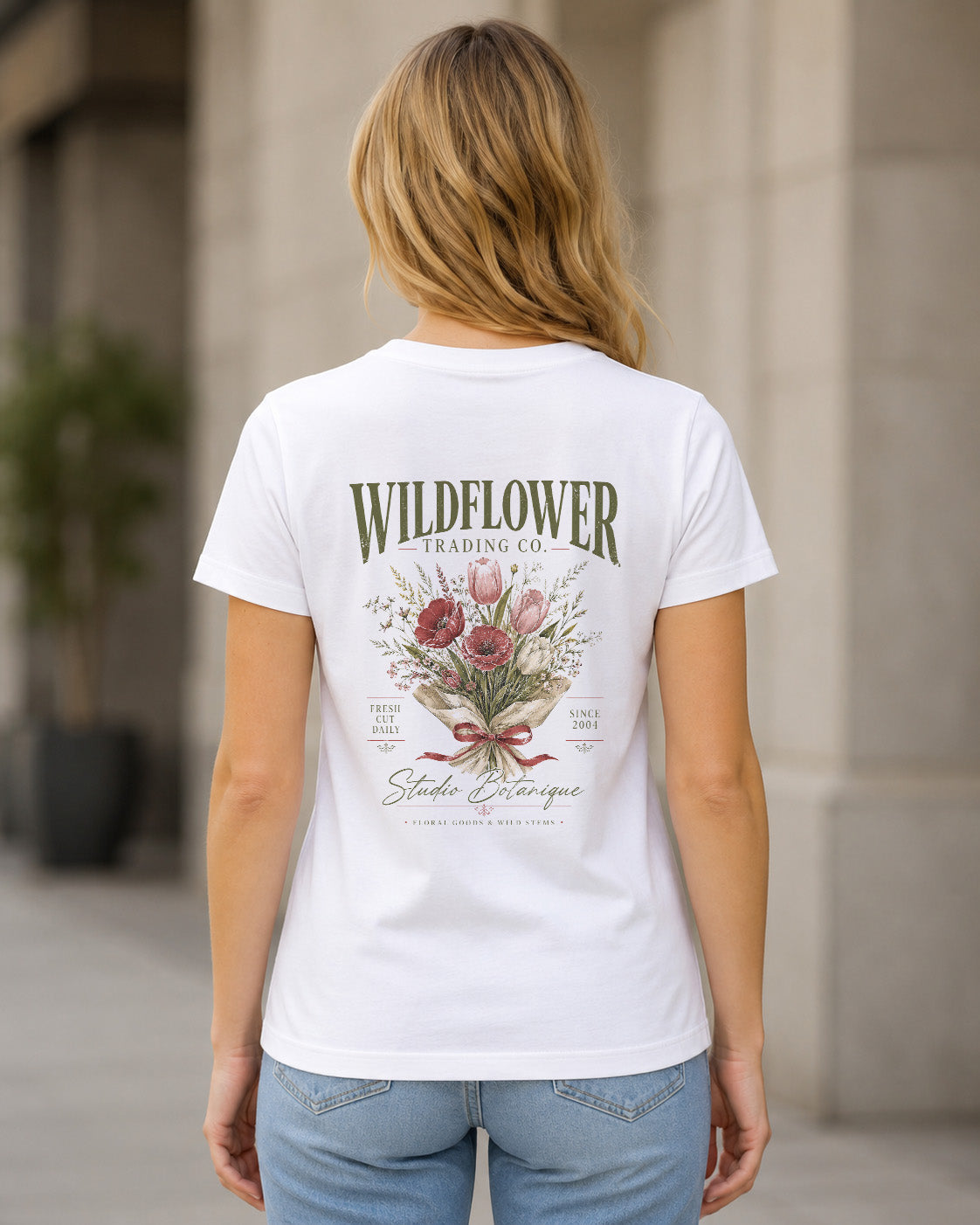 Wildflower Trading Co T-Shirt – Frauen Shirt Weiss, Rückenprint