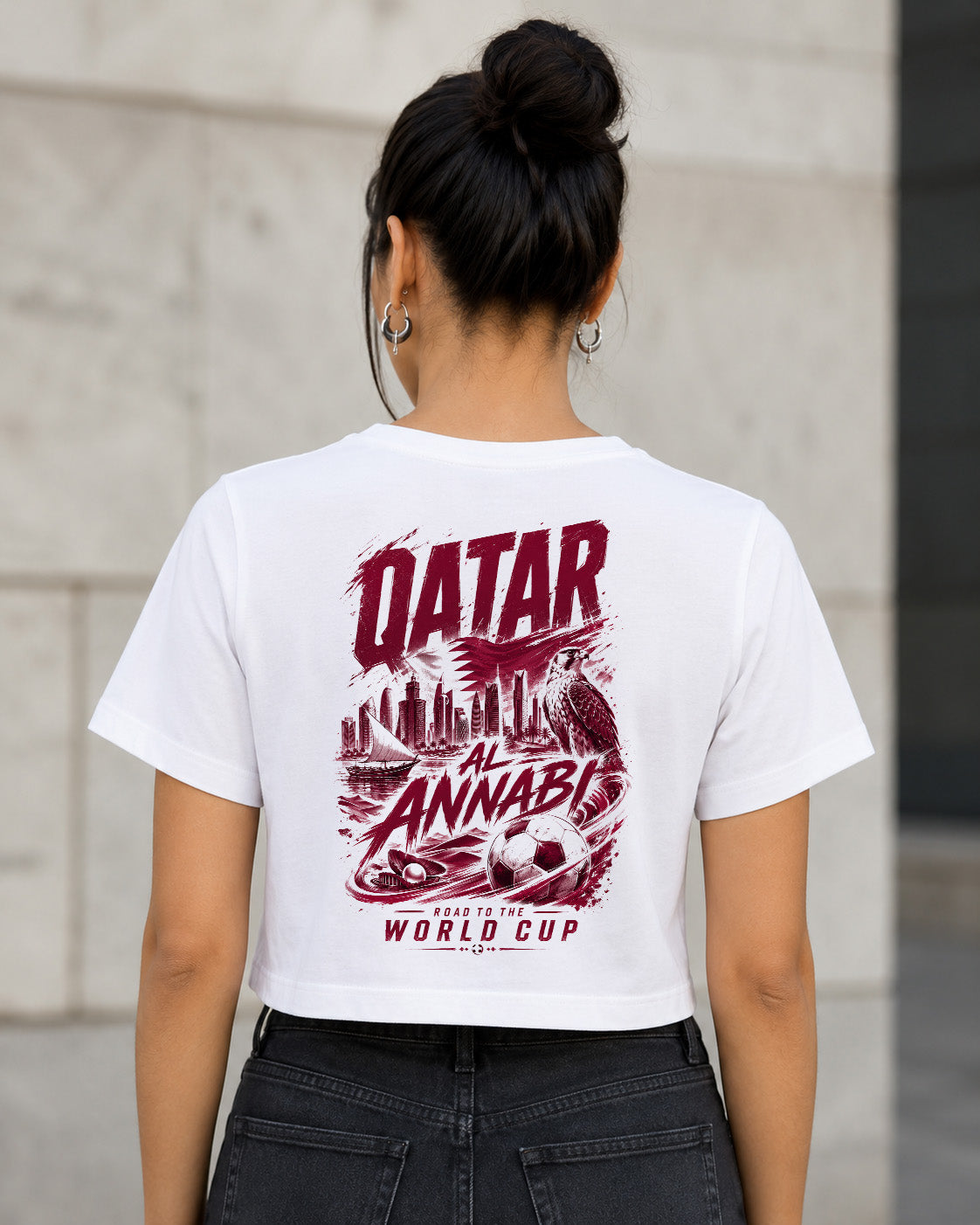Katar WM Shirt 2026 – Frauen Crop Shirt Weiss, Rückenprint