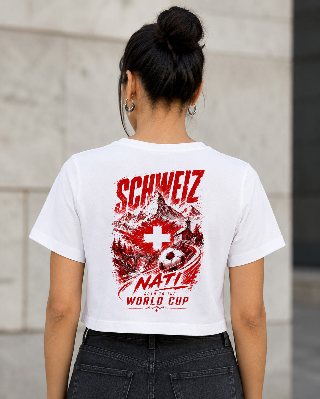 Schweiz WM Shirt 2026 – Frauen Crop Shirt Weiss, Rückenprint