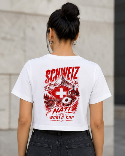Schweiz WM Shirt 2026 – Frauen Crop Shirt Weiss, Rückenprint
