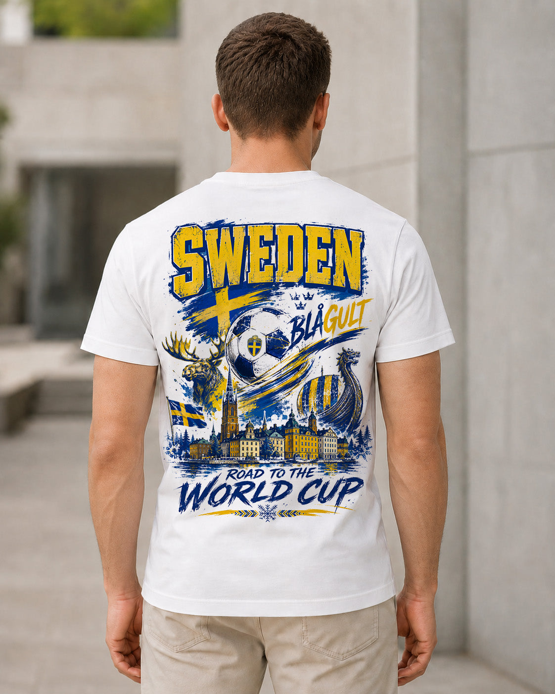 Schweden WM Shirt 2026 – Bio-Baumwolle Shirt Weiss, Rückenprint